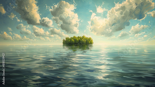 Lonely island idyll: Oil painting of a deserted island surrounded by calm water
