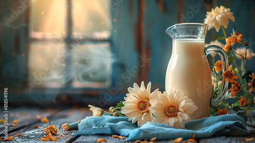 Fresh milk in a glass jug on a blue napkin 
