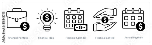 A set of 5 Banking icons as financial portfolio, financial idea, financial calendar