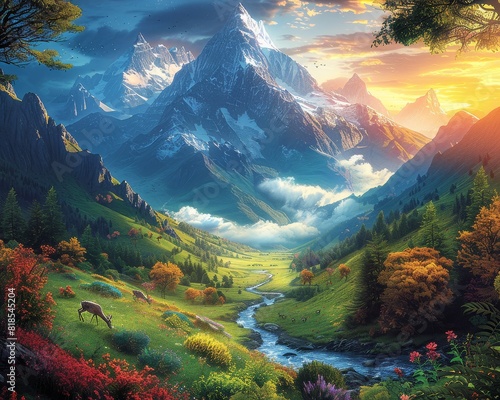 Breathtaking Mountain Landscape with Majestic Snow-Capped Peaks, Vibrant Forest, River, and Radiant Sunset in Pristine Wilderness