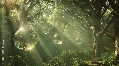Fairytale forest of coffee trees, dreamy ethereal light, crystal-clear sphere floating serenely