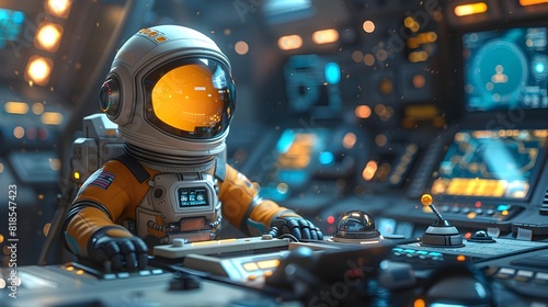 Futuristic Spaceman Operating Spacecraft Control Panel in Sci Fi Cockpit