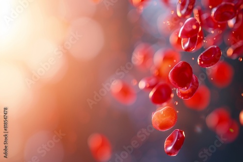 Bright red blood cells circulating in a network of blood vessels with a minimalistic background. Space for text on the left side.