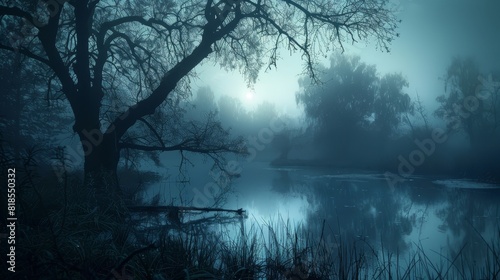 Atmospheric evening by a hidden pond, shrouded in mist and fog, with dark tree silhouettes and cloudy skies enhancing the mysterious mood