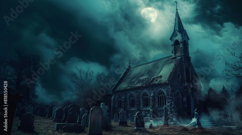 Creepy old church with a moonlit sky, dark clouds rolling in, and ghosts emerging from the cemetery, evoking a spine-chilling Halloween night