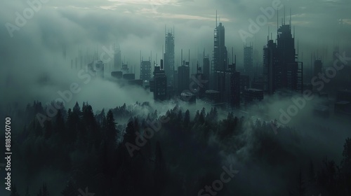 Eerie futuristic city nestled within a black forest, with fog creeping through the streets and ominous clouds above