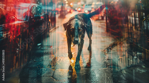 Abandoned dog walking in city street alone