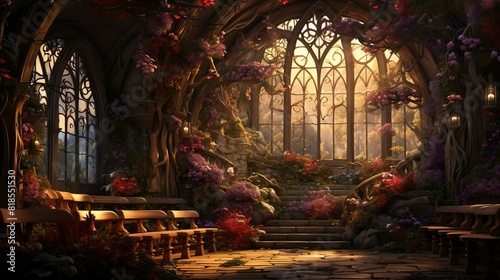 Aesthetic backgrounds, Stage set in a forest with natural light filtering through trees Illustration image,