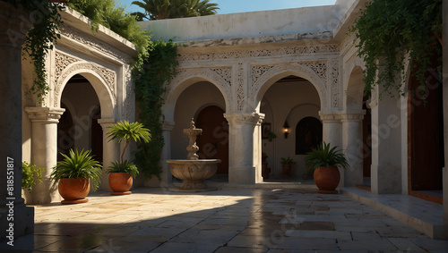 This is an image of an outdoor courtyard with a fountain in the center. The courtyard is surrounded by arched doorways and windows, and there are plants in pots along the sides. The courtyard is made 