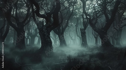 Sinister black trees forming a dense, spooky forest, with ghostly pagan spirits floating among the fog and shadows