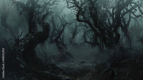 Gnarled black trees in an eerie forest, with spectral pagan spirits drifting among the twisted branches and fog