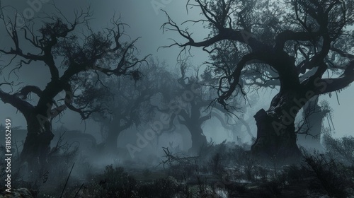 Gnarled black trees in an eerie forest, with spectral pagan spirits drifting among the twisted branches and fog