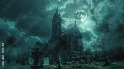 Haunted old church with dark storm clouds and a glowing moon, spectral figures wandering in the cemetery, creating a chilling Halloween atmosphere