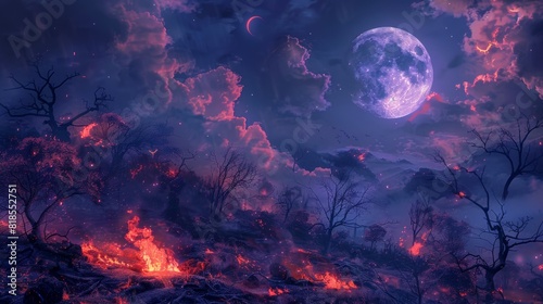 Mystical Halloween scene with a full moon illuminating an eerie night sky, ghostly clouds drifting, and a chilling landscape lit by dancing flames