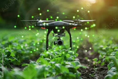 Precision green isometric unmanned agritech drones for efficient aerial crop monitoring, using agricultural equipment and vehicle surveys