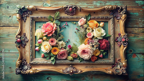 An overhead view of a floral arrangement nestled within a vintage-inspired frame, evoking nostalgia and charm, suitable for retro-themed projects.
