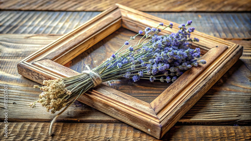 A close-up shot of a rustic wooden frame adorned with dried lavender and baby's breath, adding a touch of charm and nostalgia to any project or presentation.
