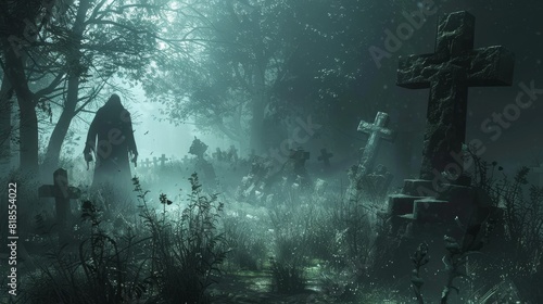 Sinister shadow in a foggy forest, ghostly graves in the background, creating a chilling and haunted scene