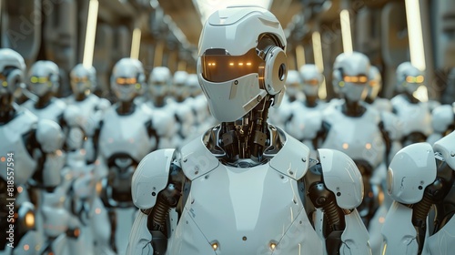 Illustration, sentient robots questioning their origins and purpose
