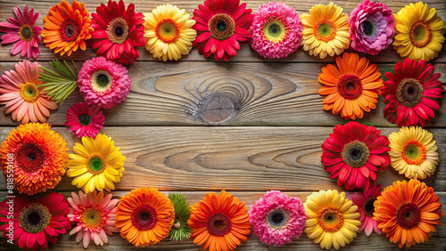 A top-down view of a floral frame composed of vibrant gerbera daisies, adding a burst of color and energy to any layout.