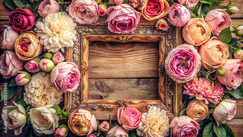 A close-up of a vintage wooden frame surrounded by a profusion of roses and peonies, evoking a sense of nostalgia and romance.