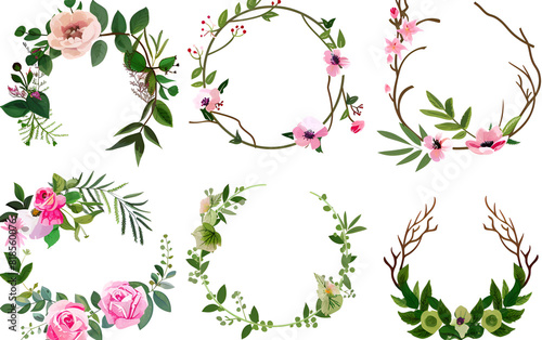 Vector Wreaths Botanical collection of wild and gard Beautiful Botanical Vector Wreaths and Garlands