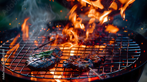 Barbecue fire with round grill. Food preparing concept with bbq fire on grill
