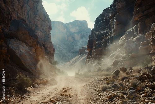 A dusty trail disappearing into the rocky canyons upscaled 6