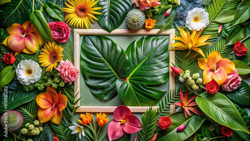 A vibrant flat lay composition featuring a mix of fresh flowers and tropical leaves arranged within a rectangular frame, evoking a sense of paradise and exoticism.