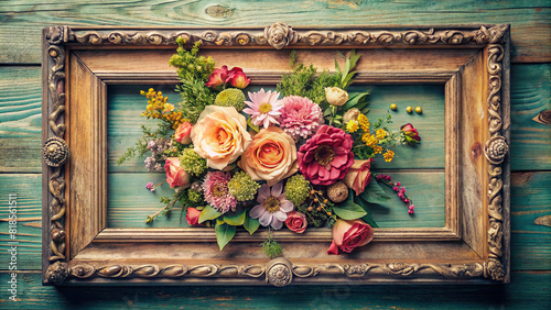An overhead view of a floral arrangement nestled within a vintage-inspired frame, evoking nostalgia and charm, suitable for retro-themed projects.