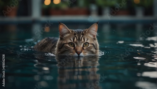 A cat swimming in a pool of water with its eyes open,.