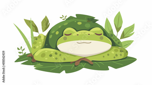 Cute frog sleeping under leaf. Funny lazy froggy