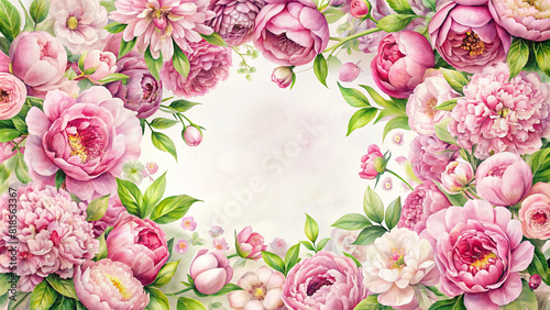 An artistic arrangement of pink peonies and cherry blossoms, forming a whimsical floral frame with a fairy-tale vibe, perfect for romantic-themed designs.