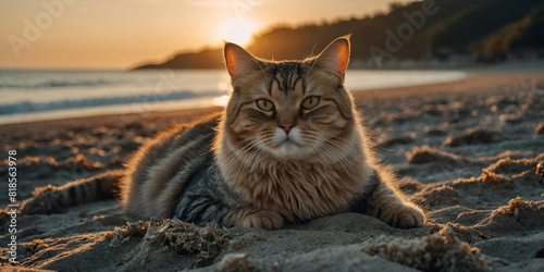 Content Cat Sitting on Sandy Beach Enjoying Breathtaking Sunset.