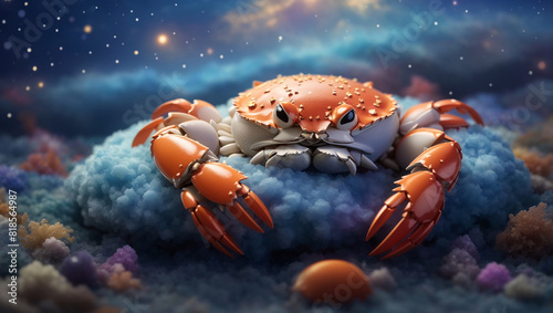 a red crab sitting on a blue and purple cloud in front of a starry night sky.