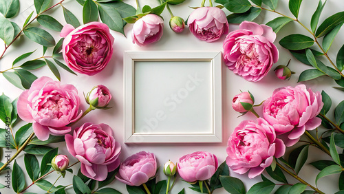 A close-up of a floral flat lay composition with a blank frame nestled among pink peonies and eucalyptus leaves, exuding elegance and sophistication.