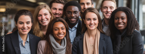 Groupe d'amis souriants, hommes et femmes, jeunes et adolescents. Équipe unie, bonheur et joie, visages désinvoltes, moments de fun et d'amitié partagée.