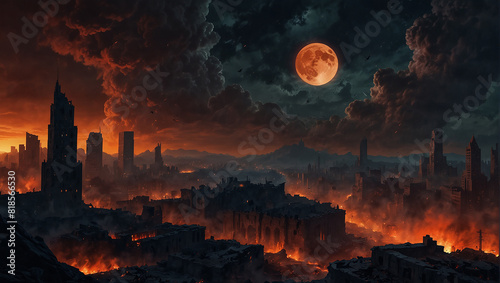 The image is a dark and gloomy city with large buildings and a red moon in the background. There are fires burning in the foreground and the city appears to be in ruins.