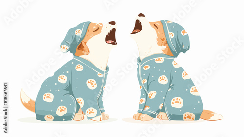 Dog in pajamas and night cap. Doggy in clothes yawnin
