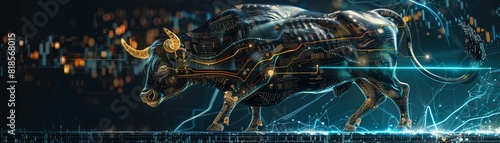 Cybernetic bull with electric veins, a metaphor for vigorous fin