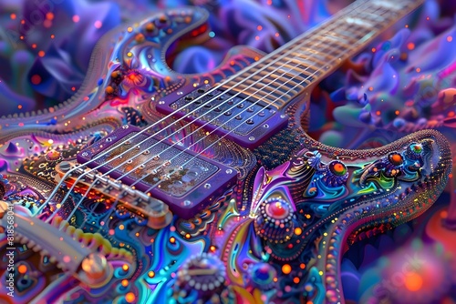 Abstract painting featuring a guitar, rendered in a psychedelic art style