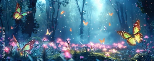 Mystical forest filled with fairy butterflies, their iridescent wings catching the light as they flutter among the enchanted trees and glowing flowers
