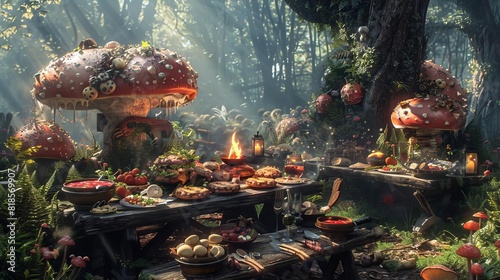 A fantasythemed barbecue with mythical creatures, enchanted food, and a magical atmosphere, Fantasy, Digital Illustration