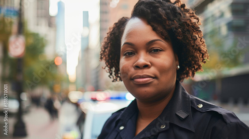 Portrait of a plus-size female police officer patrolling the streets