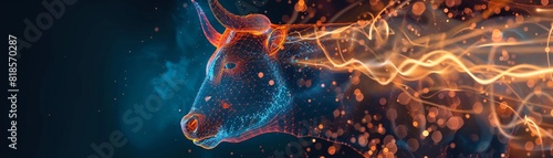 Digital bull emanating fiery energy lines, a striking representation of market strength