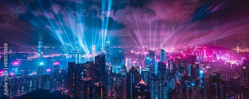 A hightech rooftop music festival with a cityscape backdrop, AIcontrolled light shows, and neon lighting, Tech, Digital Art