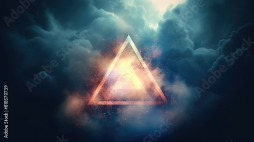 A triangle portal with clouds and cosmic backdrop. Surreal digital art concept for mystery, fantasy, and science fiction design. An abstract art of futuristic triangle shape with neon line. AIG35.