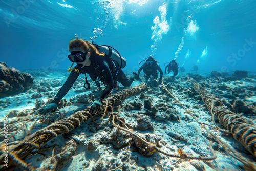 A group of divers conducting a reef cleanup operation, collecting debris and fishing nets, active involvement in marine preservation.
