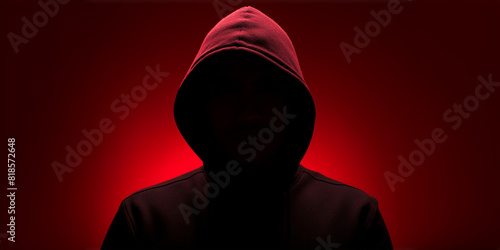 Anonymous computer hacker silhouetted against minimalist red background with copy space. 