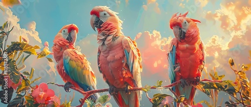 Three vibrant parrots perched on branches with a colorful sky background and lush foliage, showcasing the beauty of tropical birds.